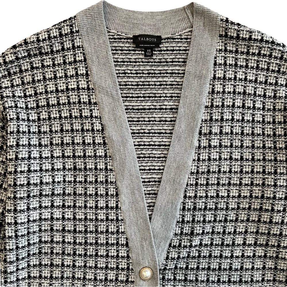 Merino Wool Cardigan by Talbots in Black, White and Grey Mini Plaid - Picture 10 of 11